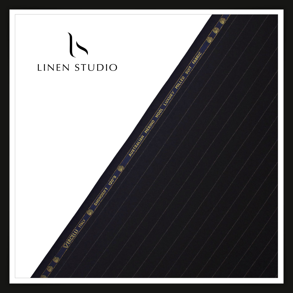 Vercelli Italy Snowdrift 120's 70% Wool Rich Milled Suiting - Jet Black with Chalk Pinstripe (NEW)