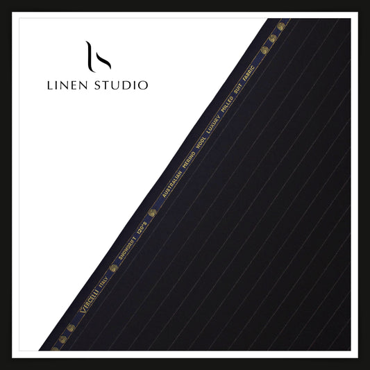 Vercelli Italy Snowdrift 120's 70% Wool Rich Milled Suiting - Jet Black with Chalk Pinstripe (NEW)