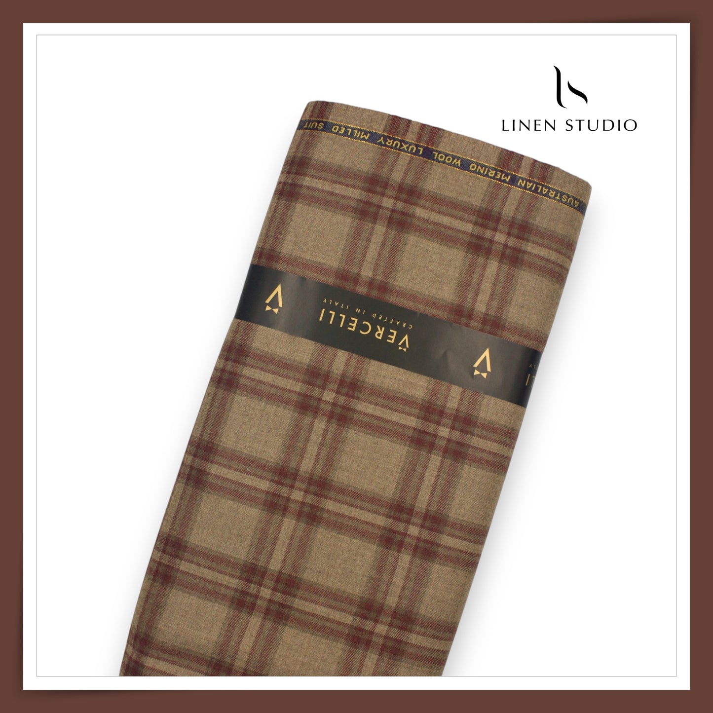 130's Australian Merino Wool Milled Suiting by Vercelli Italy - Dull Brown with Antique Ruby Checks (NEW) (Highest Selling)