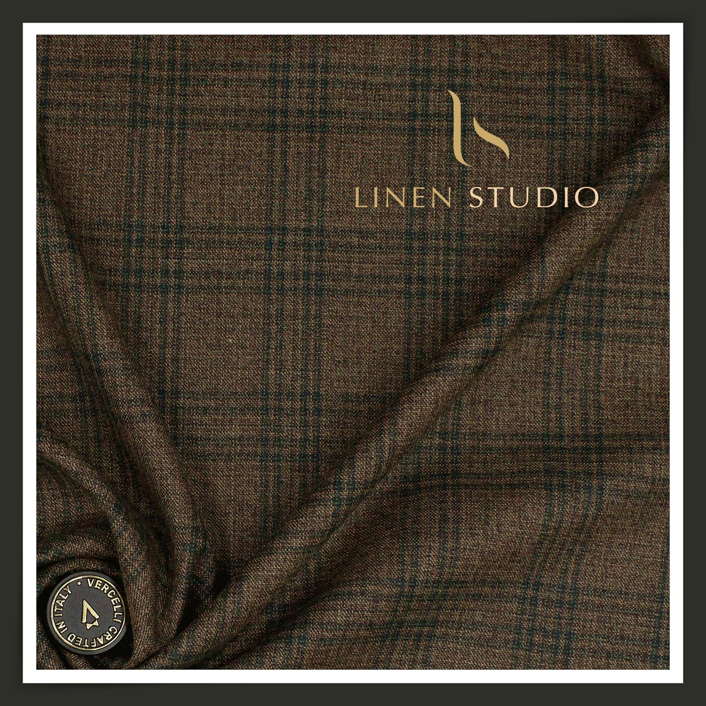 130's Australian Merino Wool Milled Suiting by Vercelli Italy - Textured Brown with Green Checks (NEW) (Zoom In)