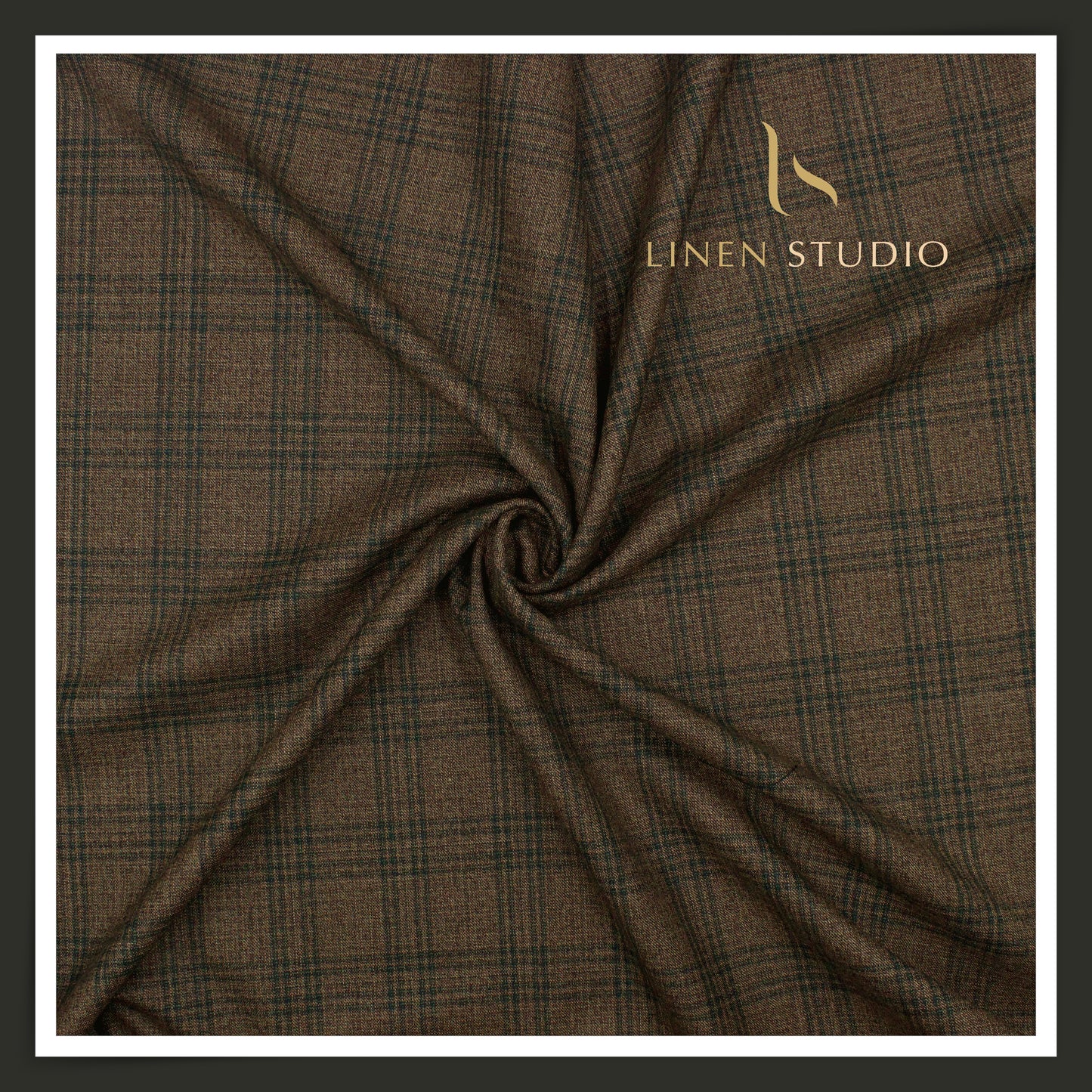 130's Australian Merino Wool Milled Suiting by Vercelli Italy - Textured Brown with Green Checks (NEW) (Zoom In)