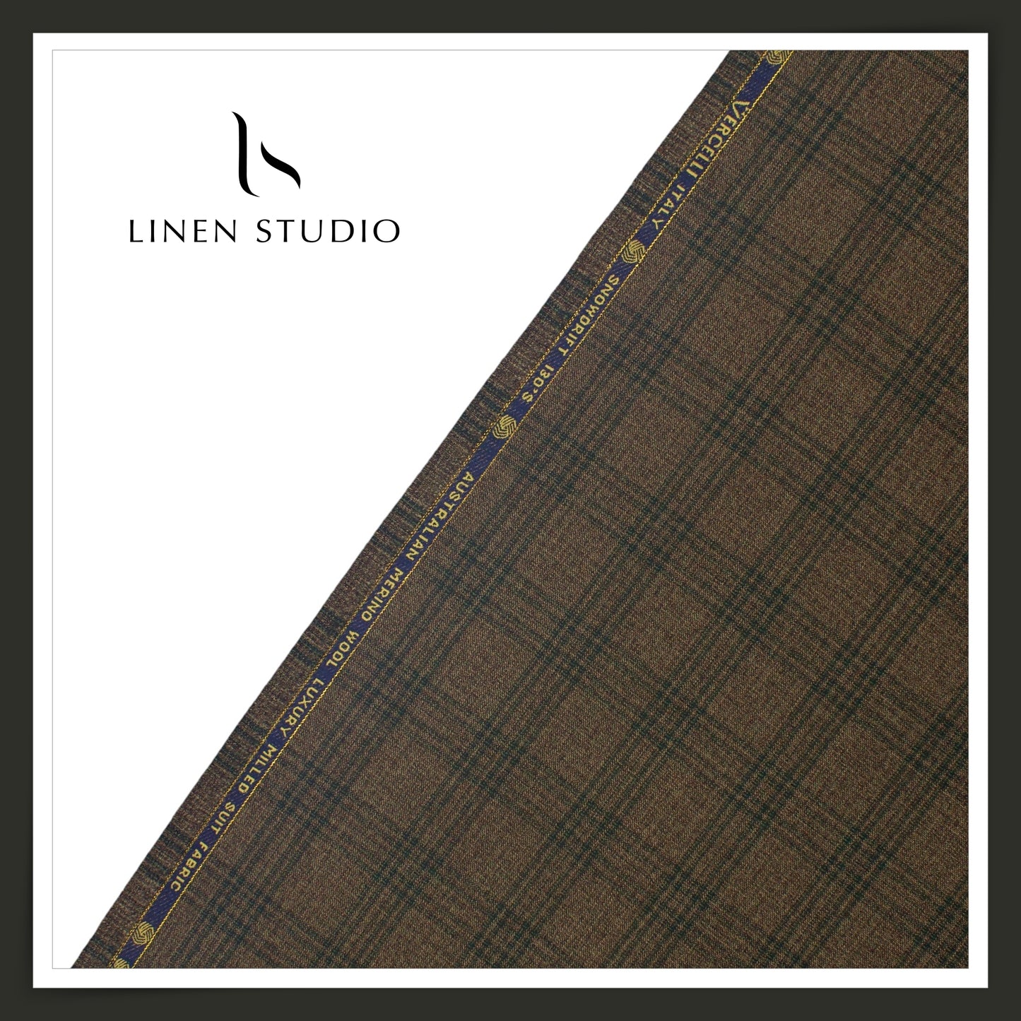 130's Australian Merino Wool Milled Suiting by Vercelli Italy - Textured Brown with Green Checks (NEW) (Zoom In)