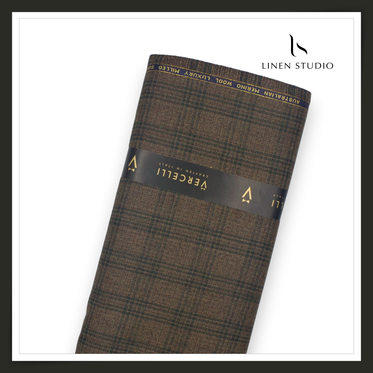 130's Australian Merino Wool Milled Suiting by Vercelli Italy - Textured Brown with Green Checks (NEW) (Zoom In)