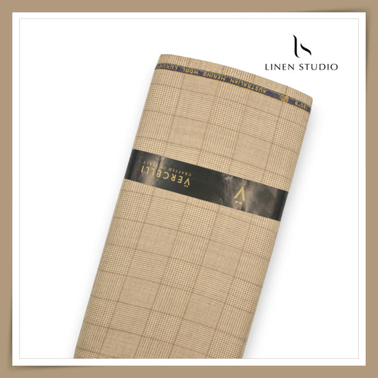 130's Australian Merino Wool Milled Suiting by Vercelli Italy - Textured Light Natural Checks (NEW)