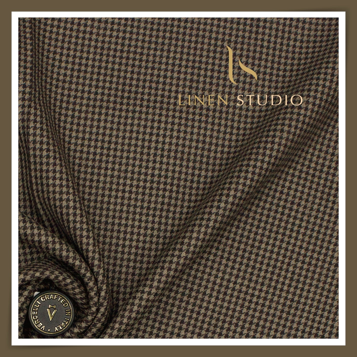 130's Australian Merino Wool Milled Suiting by Vercelli Italy - Taupe Brown Houndstooth Checks (NEW)