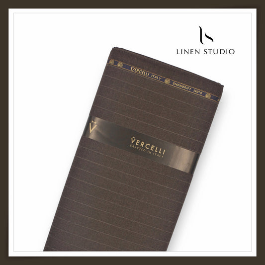 130's Australian Merino Wool Milled Suiting by Vercelli - Ash Brown Stripes (NEW)