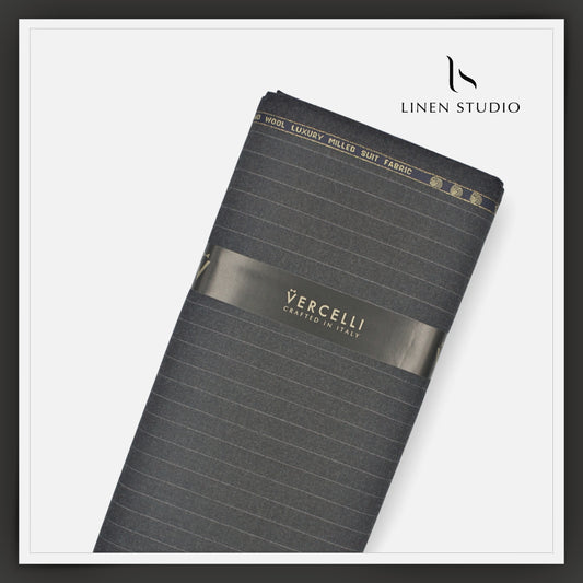 130's Australian Merino Wool Milled Suiting by Vercelli - Dark Grey Stripes (NEW)