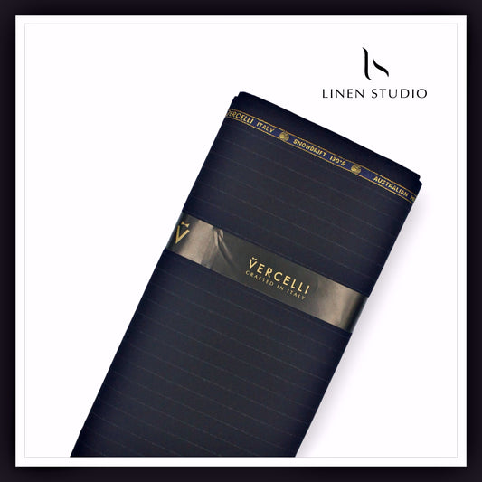 130's Australian Merino Wool Milled Suiting by Vercelli - Denim Blue & Grey Stripes (NEW)