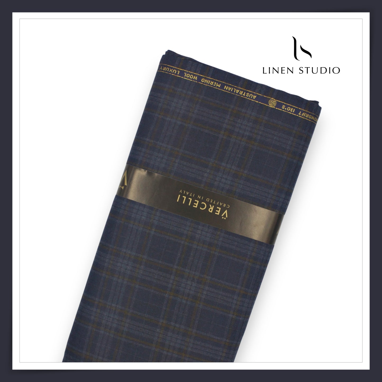 130's Australian Merino Wool Milled Suiting by Vercelli - Tuna Blue with Brown Checks (NEW)