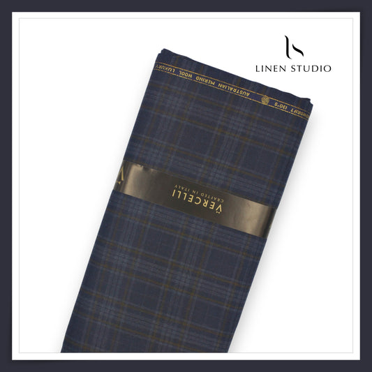 130's Australian Merino Wool Milled Suiting by Vercelli - Tuna Blue with Brown Checks (NEW)