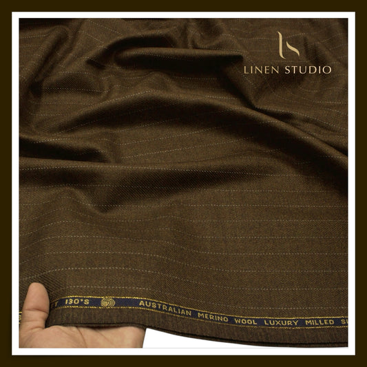 Vercelli Italy Snowdrift 130's 70% Australian Merino Wool Rich Milled Suiting - Dark Brown 1.80 Cms Pinstripe (Latest Collection)