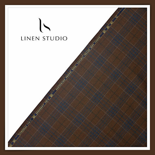 Vercelli Italy Snowdrift 130's 70% Australian Merino Wool Rich Milled Suiting - Chestnut Brown & Navy Windowpane Check (Latest Collection)