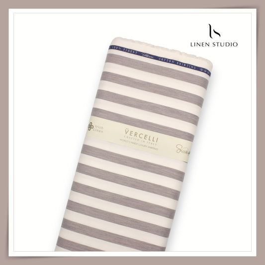 2/100's Supima Cotton Shirting by Vercelli Italy - Classic White & Brownish Grey Stripes (NEW)