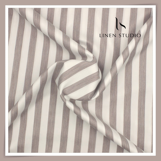 2/100's Supima Cotton Shirting by Vercelli Italy - Classic White & Brownish Grey Stripes (NEW)