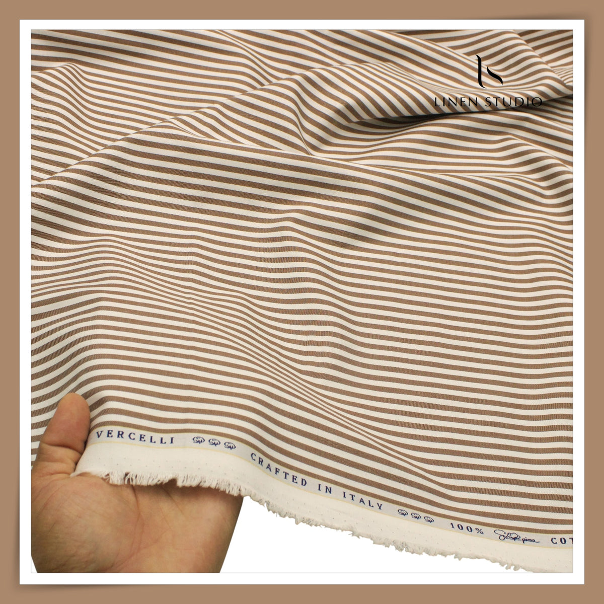 100% Supima Cotton Shirting by Vercelli Italy - Brown & White Awning Stripes (Fastest Selling) (NEW)