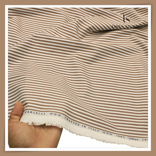 100% Supima Cotton Shirting by Vercelli Italy - Brown & White Awning Stripes (Fastest Selling) (NEW)