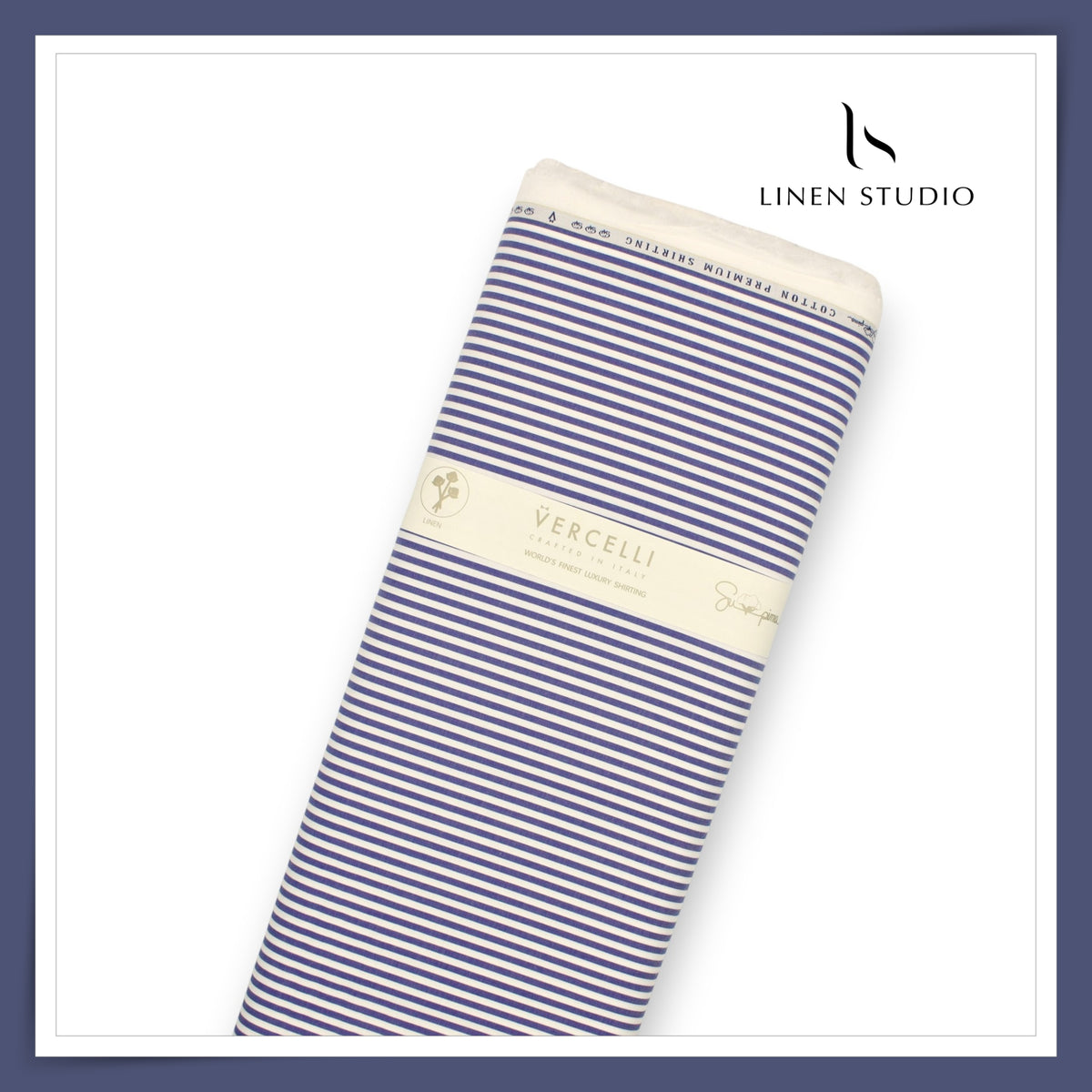 100% Supima Cotton Shirting by Vercelli Italy - Blue & White Awning Stripes (Fastest Selling) (NEW)