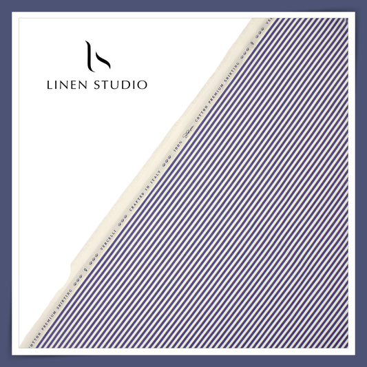 100% Supima Cotton Shirting by Vercelli Italy - Blue & White Awning Stripes (Fastest Selling) (NEW)