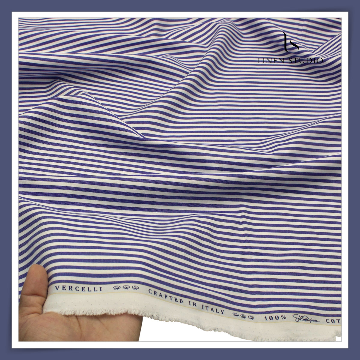 100% Supima Cotton Shirting by Vercelli Italy - Blue & White Awning Stripes (Fastest Selling) (NEW)