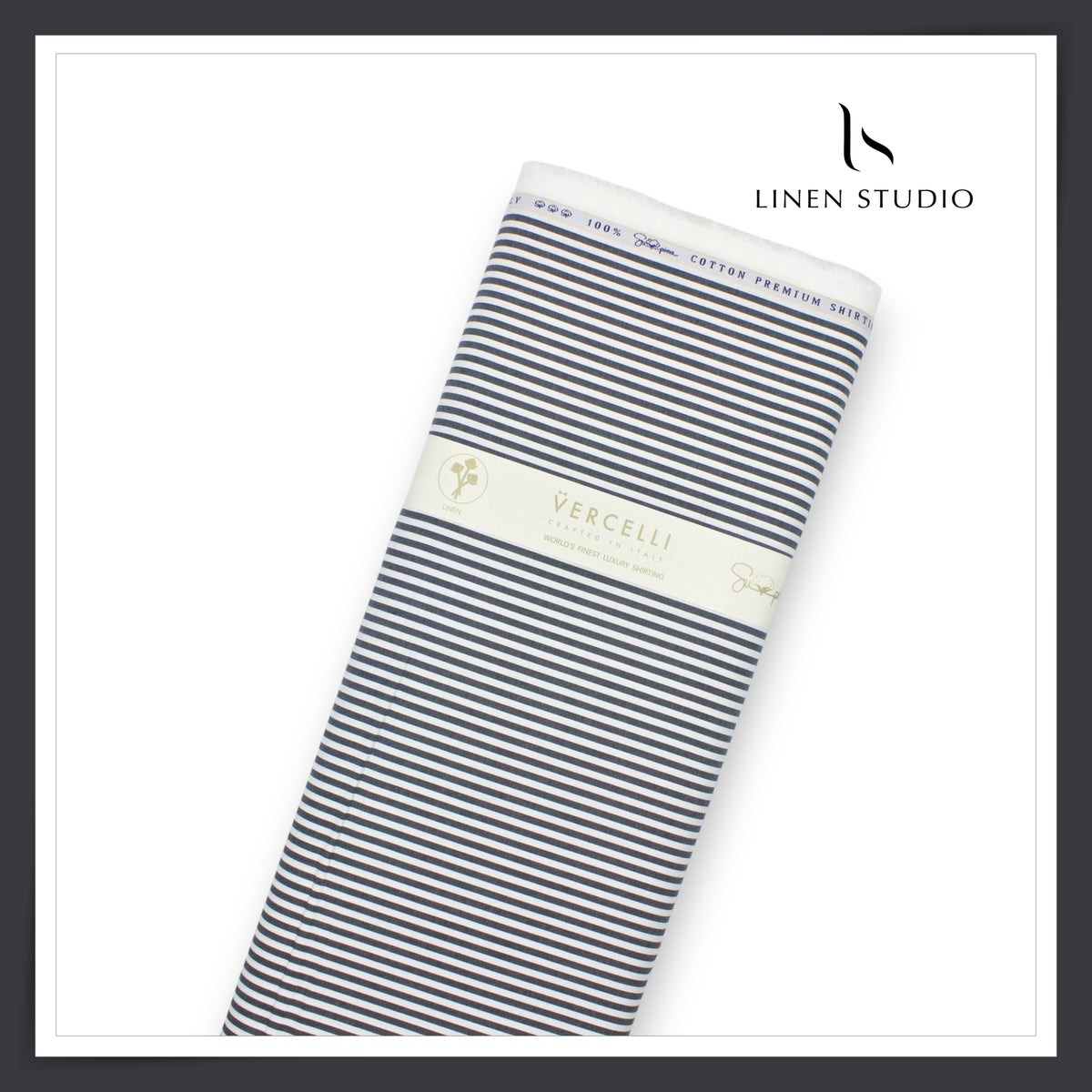 100% Supima Cotton Shirting by Vercelli Italy - Grey & White Awning Stripes (Fastest Selling) (NEW)