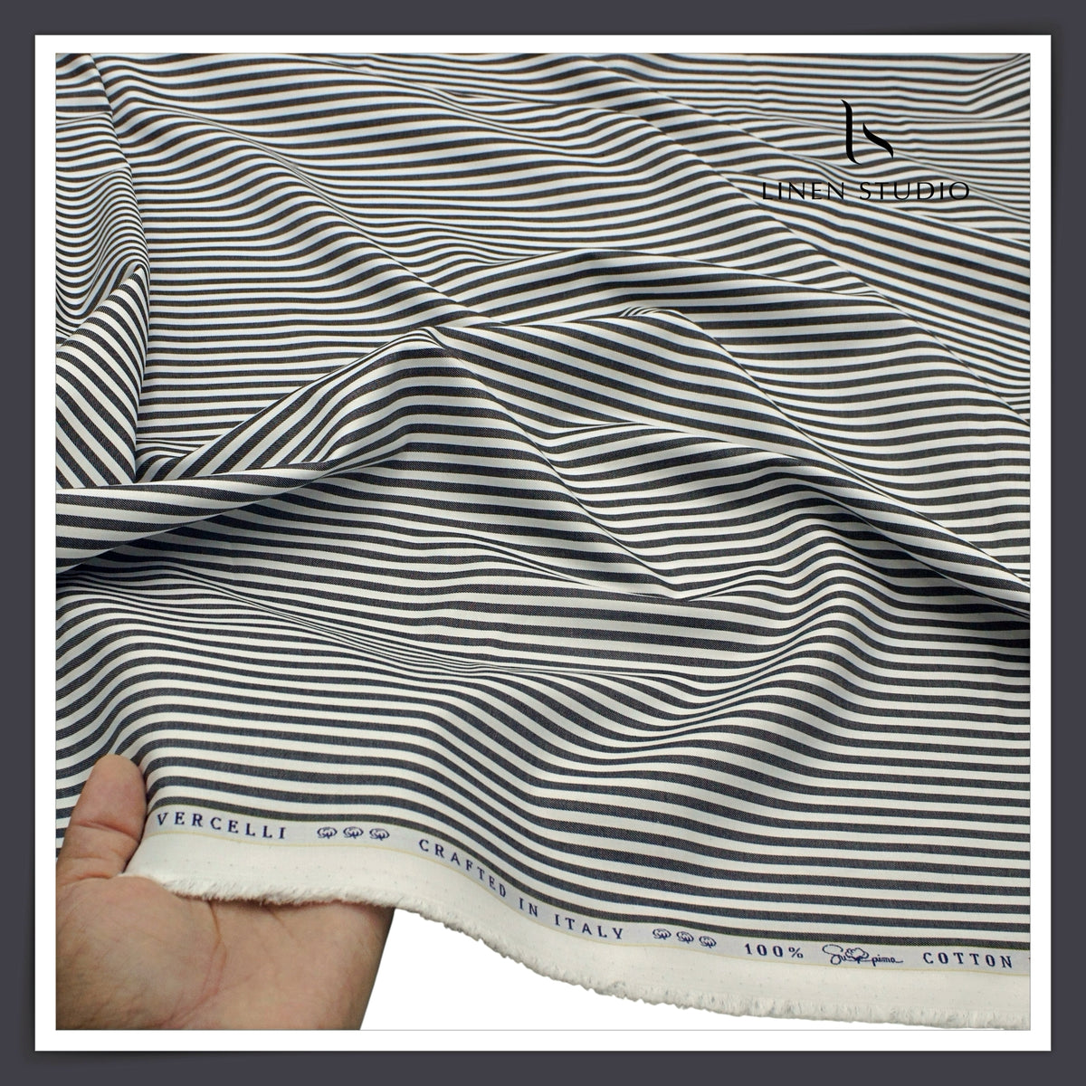100% Supima Cotton Shirting by Vercelli Italy - Grey & White Awning Stripes (Fastest Selling) (NEW)