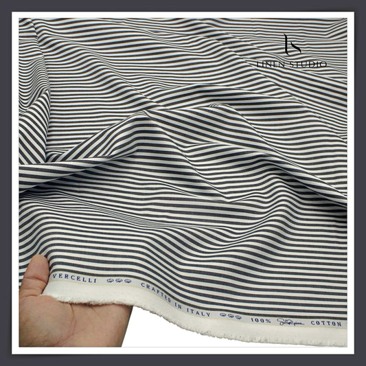100% Supima Cotton Shirting by Vercelli Italy - Grey & White Awning Stripes (Fastest Selling) (NEW)