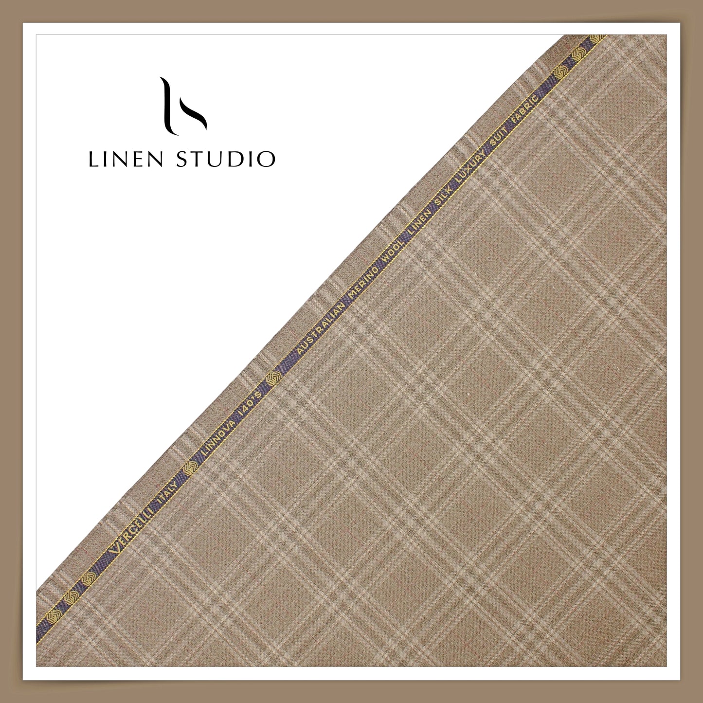 140's Merino Wool / Linen / Silk Suiting by Vercelli Italy - Donkey Brown Checks (NEW) (Zoom In)