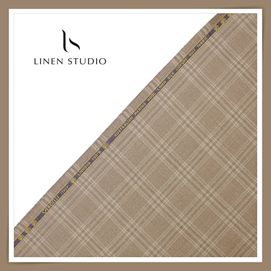 140's Merino Wool / Linen / Silk Suiting by Vercelli Italy - Donkey Brown Checks (NEW) (Zoom In)