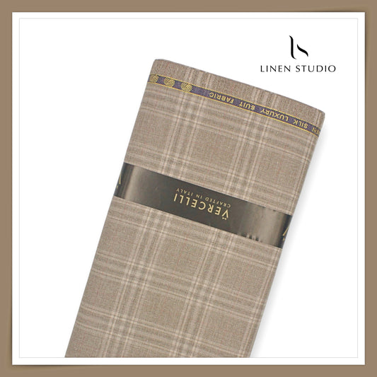 140's Merino Wool / Linen / Silk Suiting by Vercelli Italy - Donkey Brown Checks (NEW) (Zoom In)