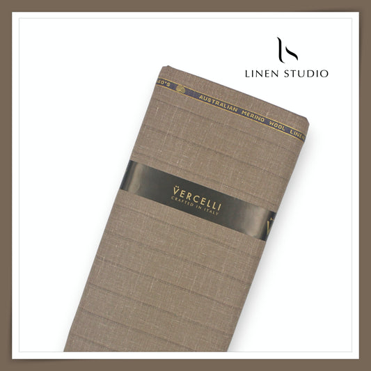 140's Merino Wool / Linen / Silk Suiting by Vercelli Italy - Taupe Brown Stripes (NEW)