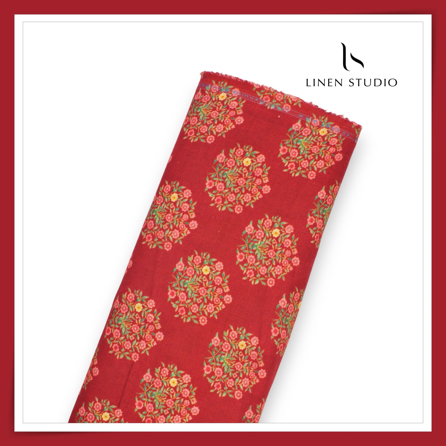 100% Pure Linen Digitally Printed by LINEN STUDIO - Laal Guldasta (NEW) (ZOOM IN)
