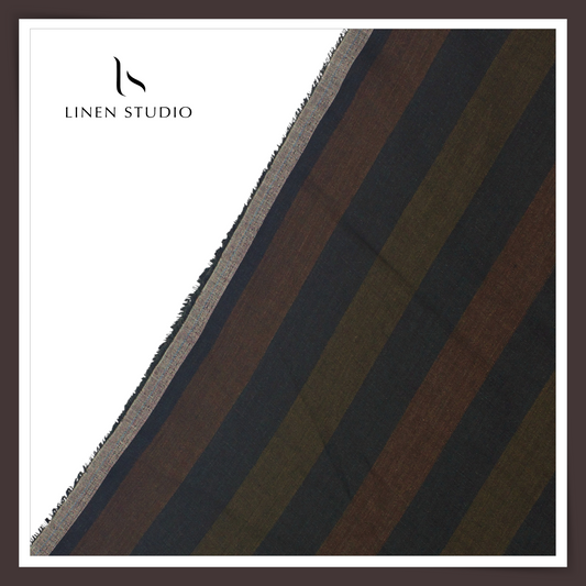 Linen Club 60 Lea Pure Linen Shirting W/O SEL - Brown & Blue Big Stripes (45% SALE) (NEW)