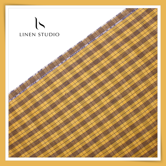 Raymonds Premium Linen Check Suiting - Honey with Blue - Linen Studio