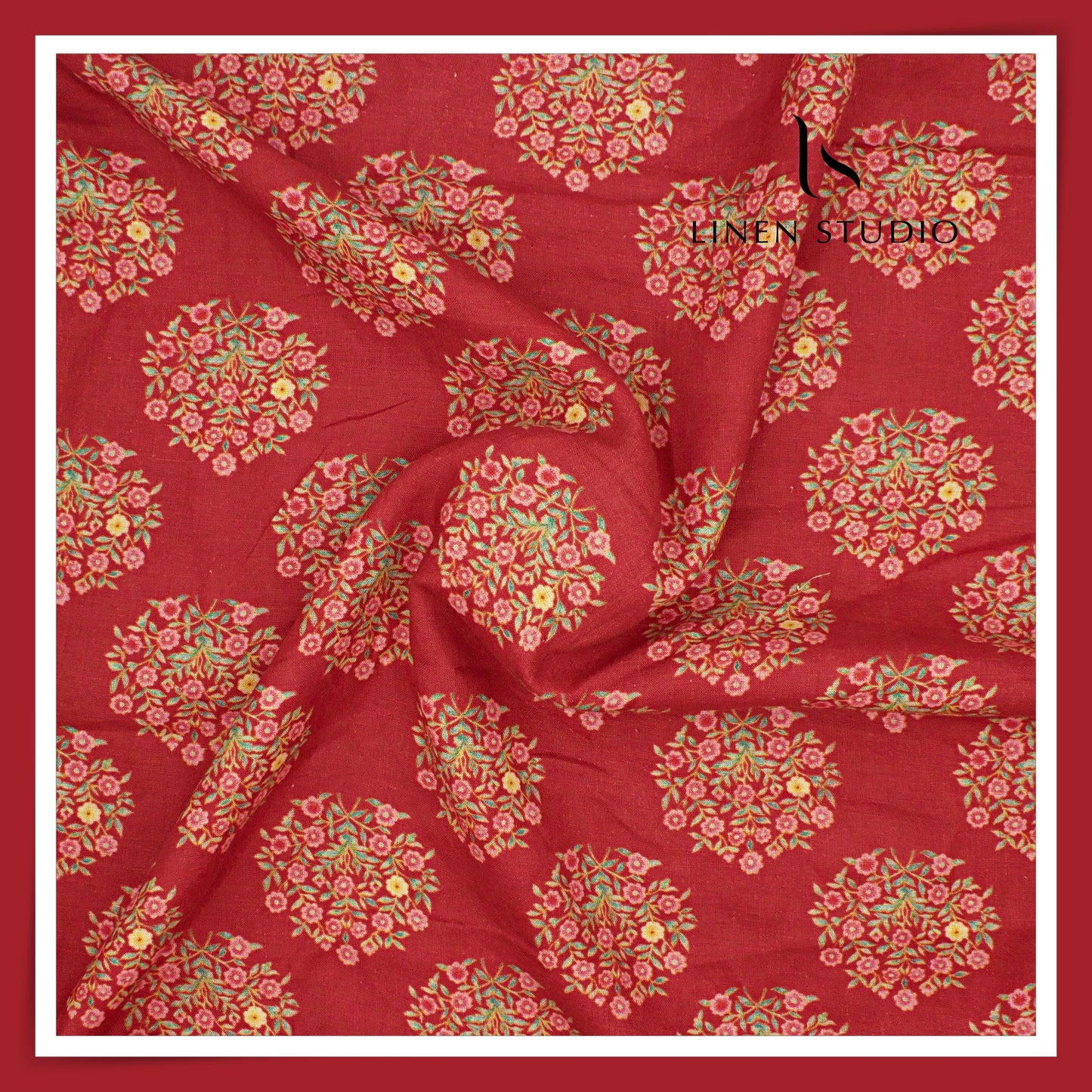 100% Pure Linen Digitally Printed by LINEN STUDIO - Laal Guldasta (NEW) (ZOOM IN)
