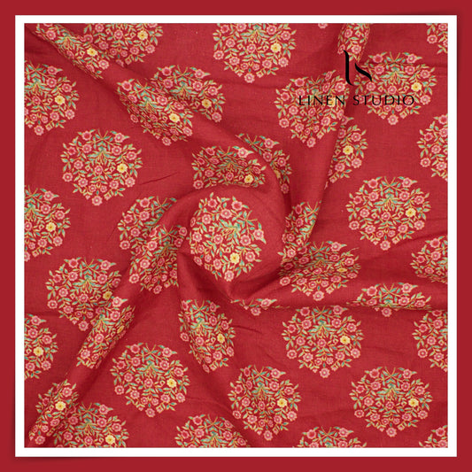 100% Pure Linen Digitally Printed by LINEN STUDIO - Laal Guldasta (NEW) (ZOOM IN)