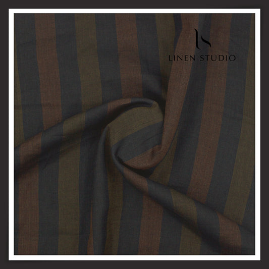 Linen Club 60 Lea Pure Linen Shirting W/O SEL - Brown & Blue Big Stripes (45% SALE) (NEW)