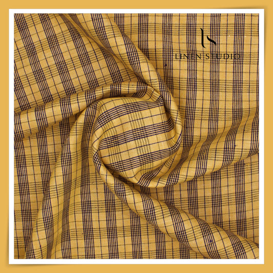 Raymonds Premium Linen Check Suiting - Honey with Blue - Linen Studio