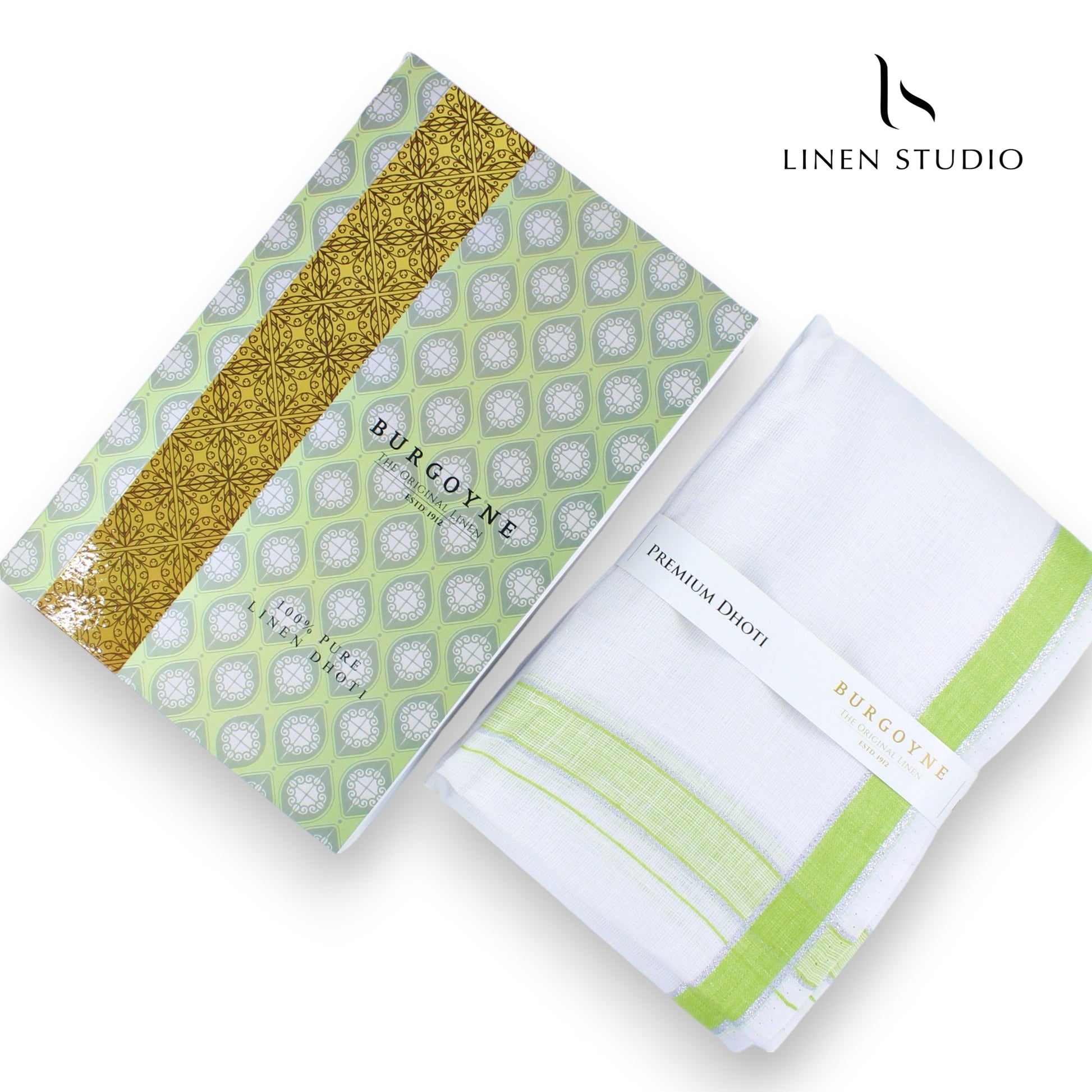 Light Green Border - Pure Linen Dhoti by Burgoyne - Linen Studio