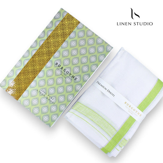 Light Green Border - Pure Linen Dhoti by Burgoyne - Linen Studio