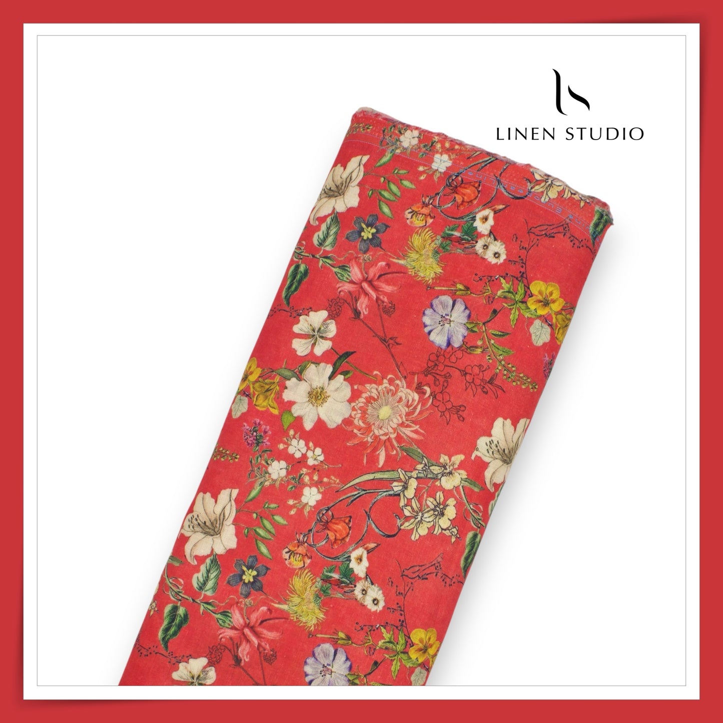 100% Pure Linen Digitally Printed by LINEN STUDIO - Laal Bageecha (NEW) (ZOOM IN)