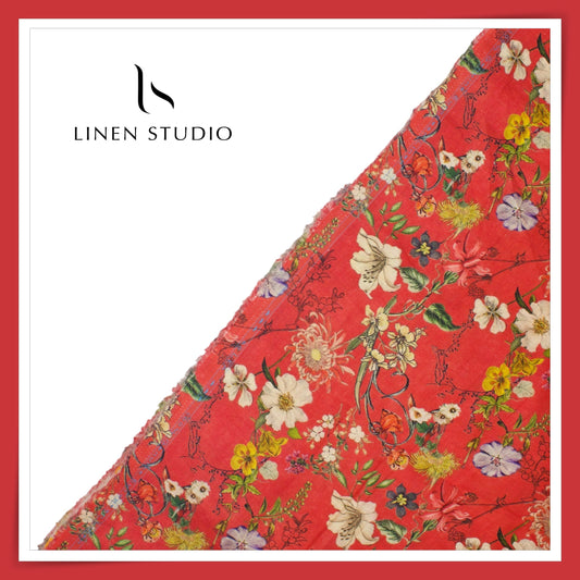 100% Pure Linen Digitally Printed by LINEN STUDIO - Laal Bageecha (NEW) (ZOOM IN)