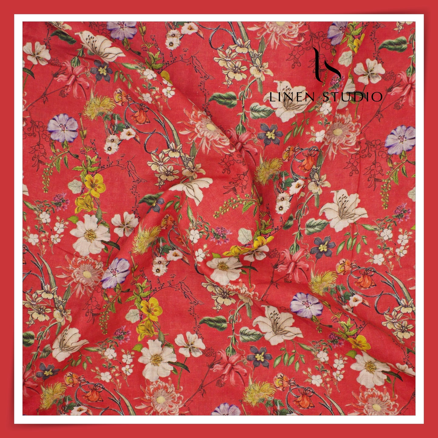 100% Pure Linen Digitally Printed by LINEN STUDIO - Laal Bageecha (NEW) (ZOOM IN)