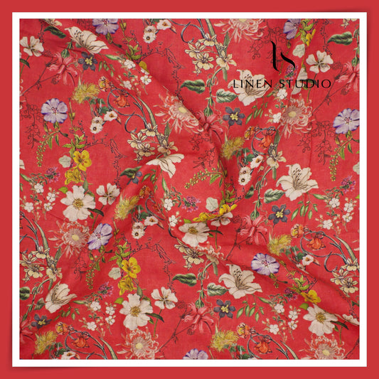 100% Pure Linen Digitally Printed by LINEN STUDIO - Laal Bageecha (NEW) (ZOOM IN)