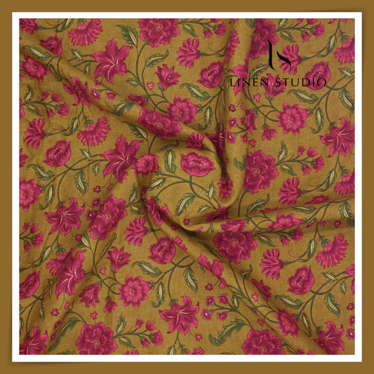 100% Pure Linen Digitally Printed by LINEN STUDIO - Golden Raspberry (NEW) (ZOOM IN)