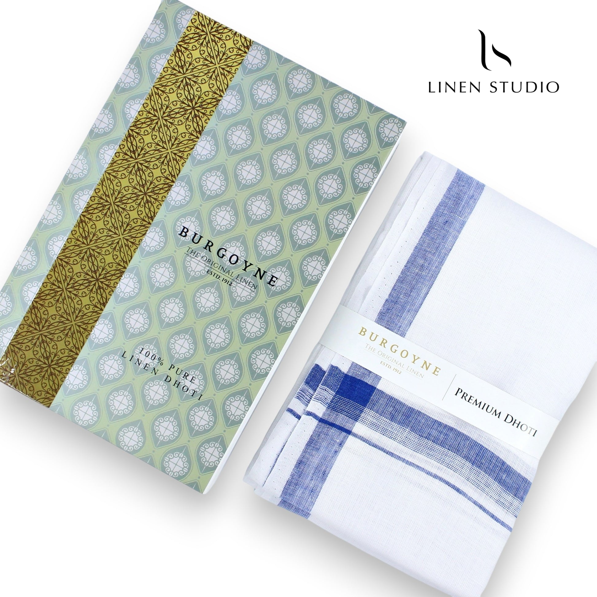Blue Plain Border - Pure Linen Dhoti by Burgoyne - Linen Studio