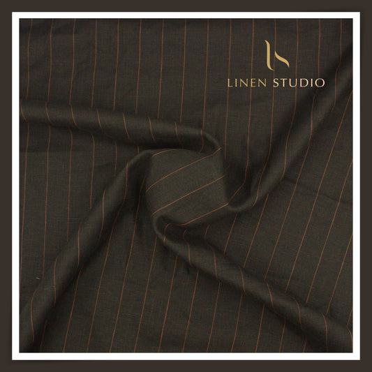 60 Lea Pure European Linen Shirting - Black Umber Stripes (NEW)