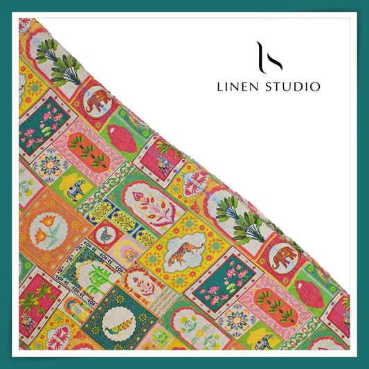 100% Pure Linen Digitally Printed by LINEN STUDIO - Multicolour Karigari (NEW) (ZOOM IN)