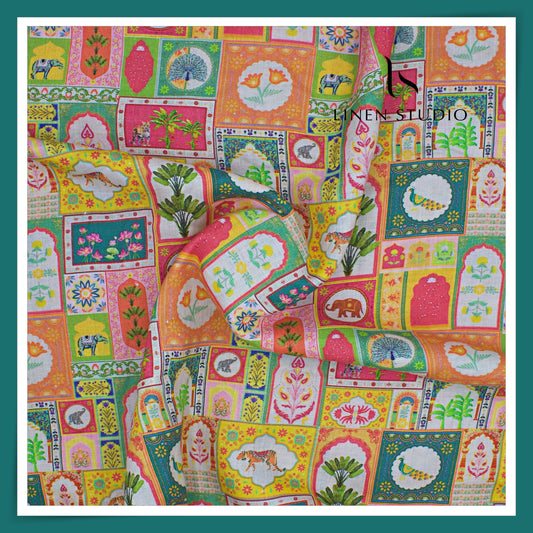 100% Pure Linen Digitally Printed by LINEN STUDIO - Multicolour Karigari (NEW) (ZOOM IN)