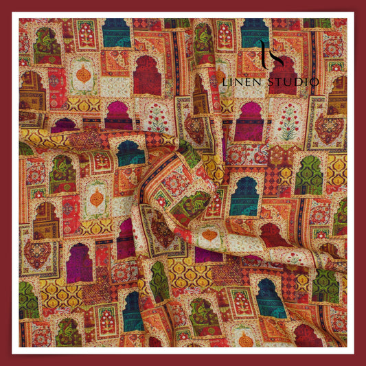 100% Pure Linen Digitally Printed by LINEN STUDIO -  Khidki (NEW) (ZOOM IN)