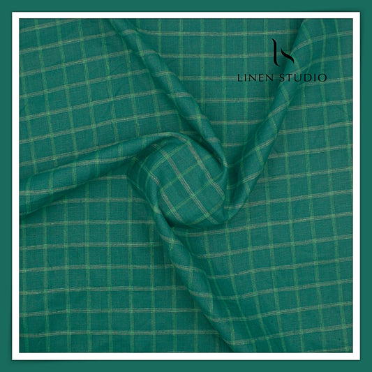 Linen Club 60 Lea Pure Linen Shirting W/O SEL - Sea Green Checks (45% SALE) (NEW)